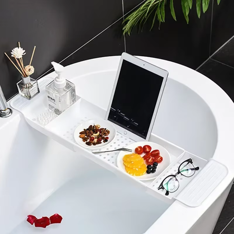 Étagère de baignoire extensible en bambou T1, caddie de douche, porte-serviettes et porte-livre, accessoires de rangement