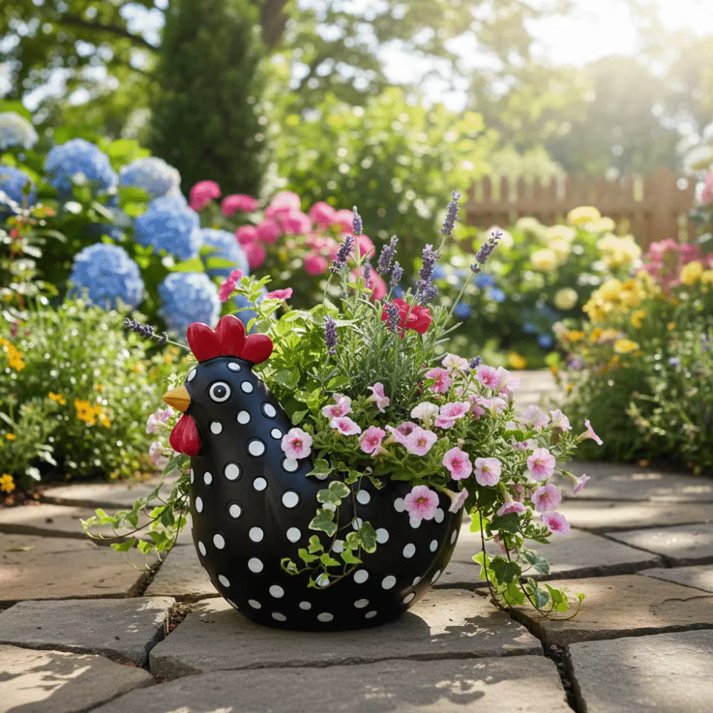 Pot de fleurs en résine en forme de poulet à pois