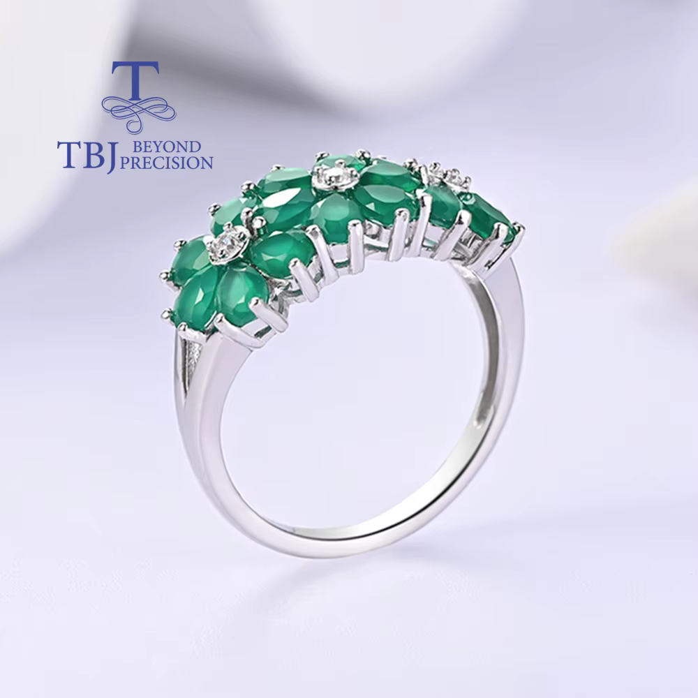 Bague en argent sterling S925 pour femme avec motif floral en agate verte naturelle, bijou délicat et luxueux pour offrir en cadeau ou pour les rendez-vous galants