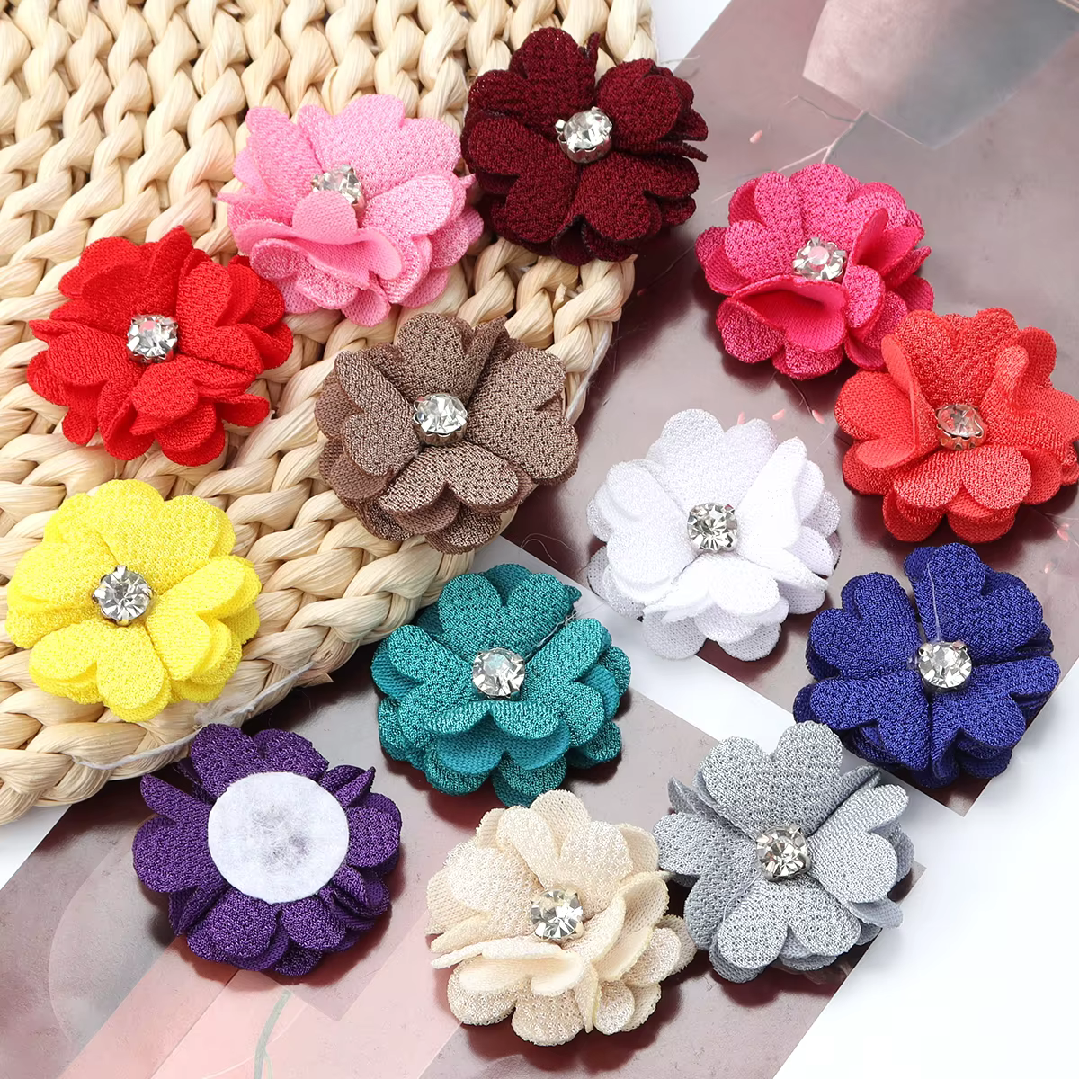 Fleurs en tissu toile de jute 3.5cm, 10 pièces/lot, fleurs artificielles centrées en strass pour bricolage, artisanat, accessoires pour vêtements, décoration de mariage