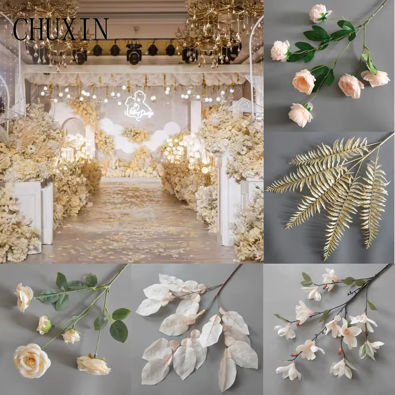 Champagne fleurs artificielles Rose pivoine plantes feuille d'eucalyptus arc de mariage arrangements floraux matériaux décor à la maison accessoires Photo