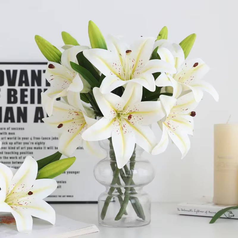 Vert aloès 4 pièces mariage rose lys Simulation fleur balcon décoration artificielle impression 3D 2 fleurs 1 bourgeon lys branche
