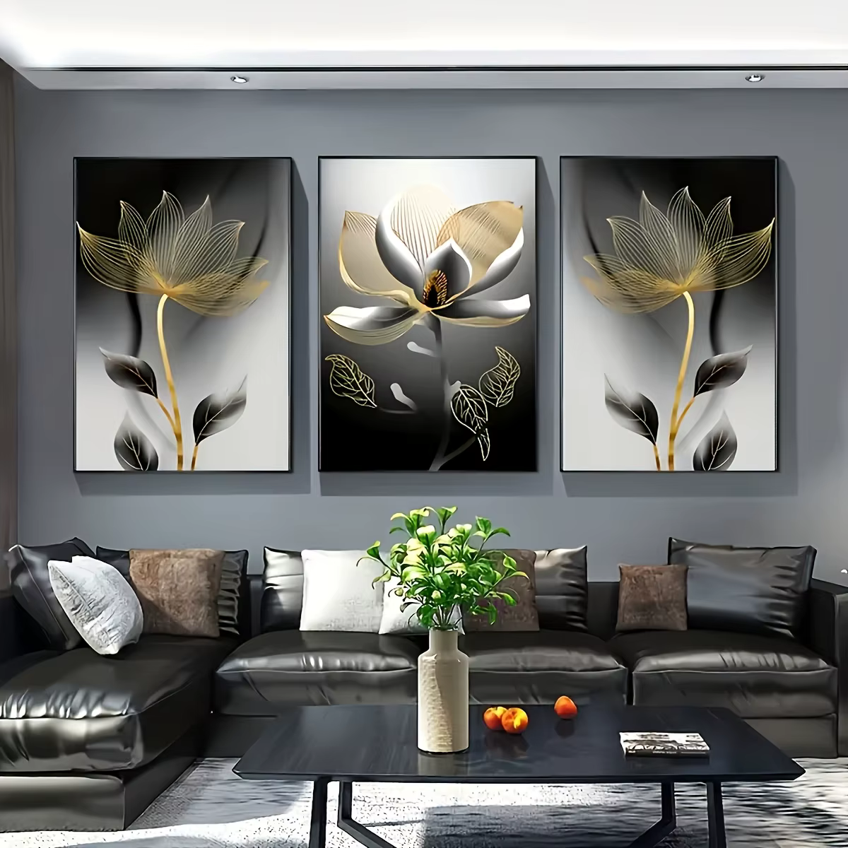 Impressions sur toile d'art floral surdimensionnées de luxe moderne 3 pièces-Design de fleur de lotus doré et noir sans