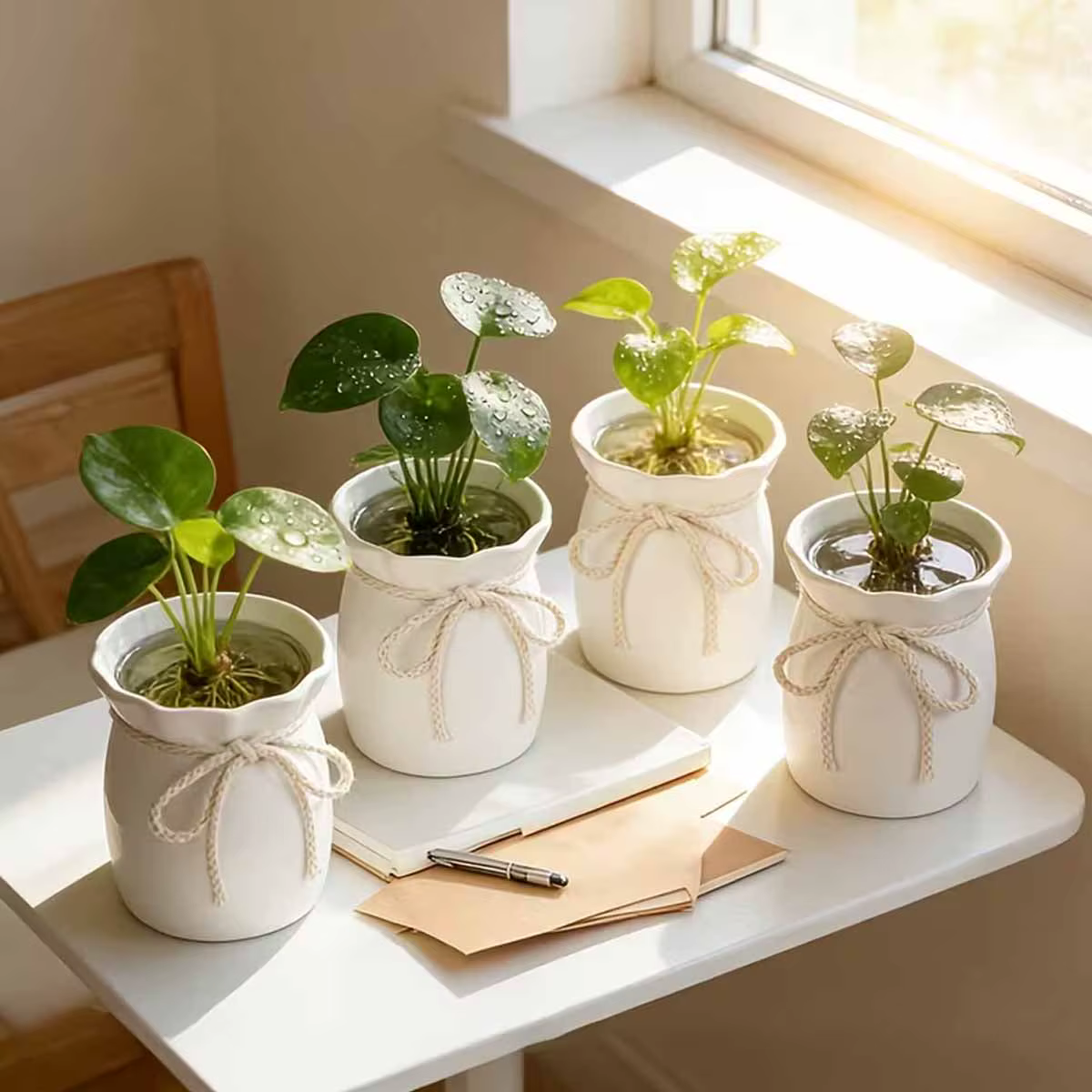 Petits pots de fleurs blancs avec nœud en jute