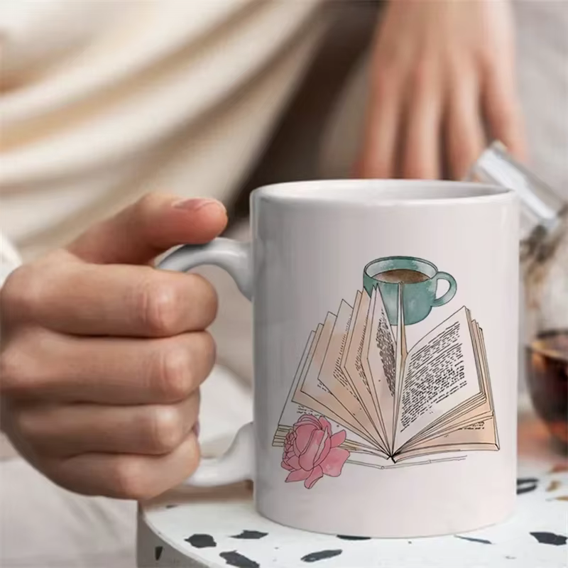 Tasse à café originale en céramique motif livre et fleur, pour thé, bière, voyage, cadeau personnalisé, rare, amusante, mignonne, unique
