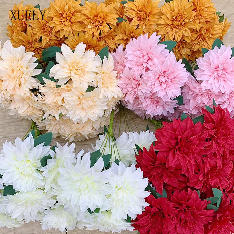 Bouquet de 10 têtes de dahlias artificiels en soie