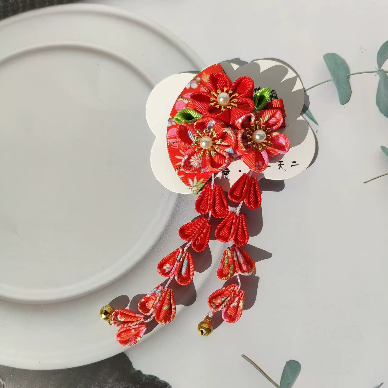 Couvre-chef kimono japonais, tissu fait à la main, pompon et couleur vent, bandeau assorti, pince à cheveux, éventail, accessoire pour cheveux, clip de bord