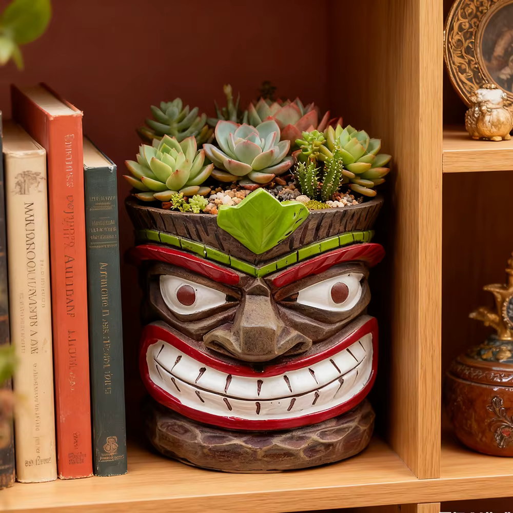 Pot de fleurs d'intérieur amusant en forme de tête de Tiki, pot à succulentes humoristique, adorable pot de fleurs de l'île de Pâques, pot de fleurs en résine au visage distinctif