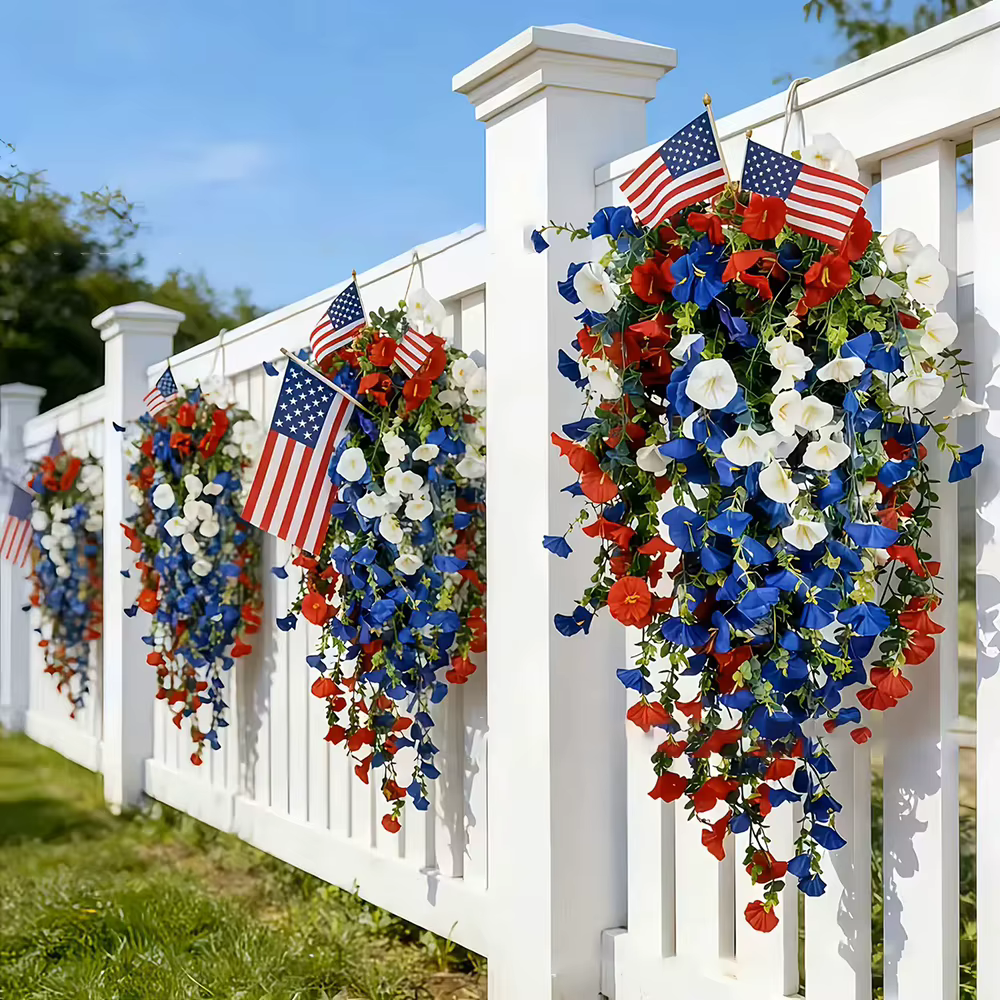 Panier de fleurs patriotiques artificielles rouge