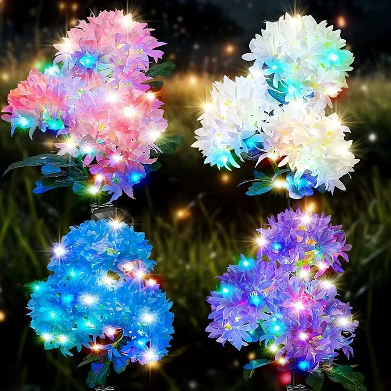 Lampe solaire à 3 têtes en forme d'hortensia pour pelouse