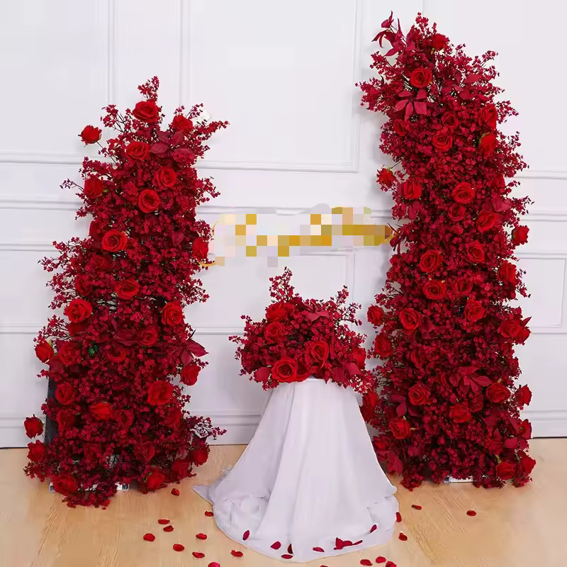 Rose rouge fleur de prunier décoration florale cadre d'arc d'angle accessoires de fond de mariage fête événement scène