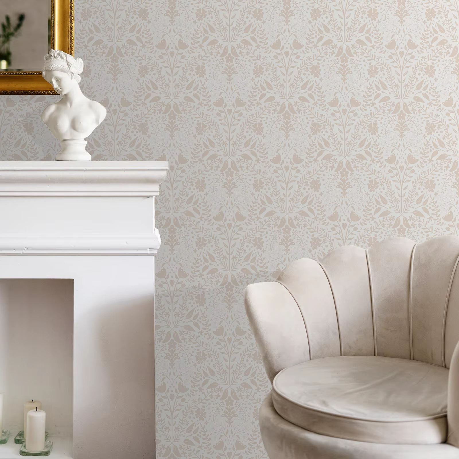 Papier peint adhésif beige à motif floral damassé