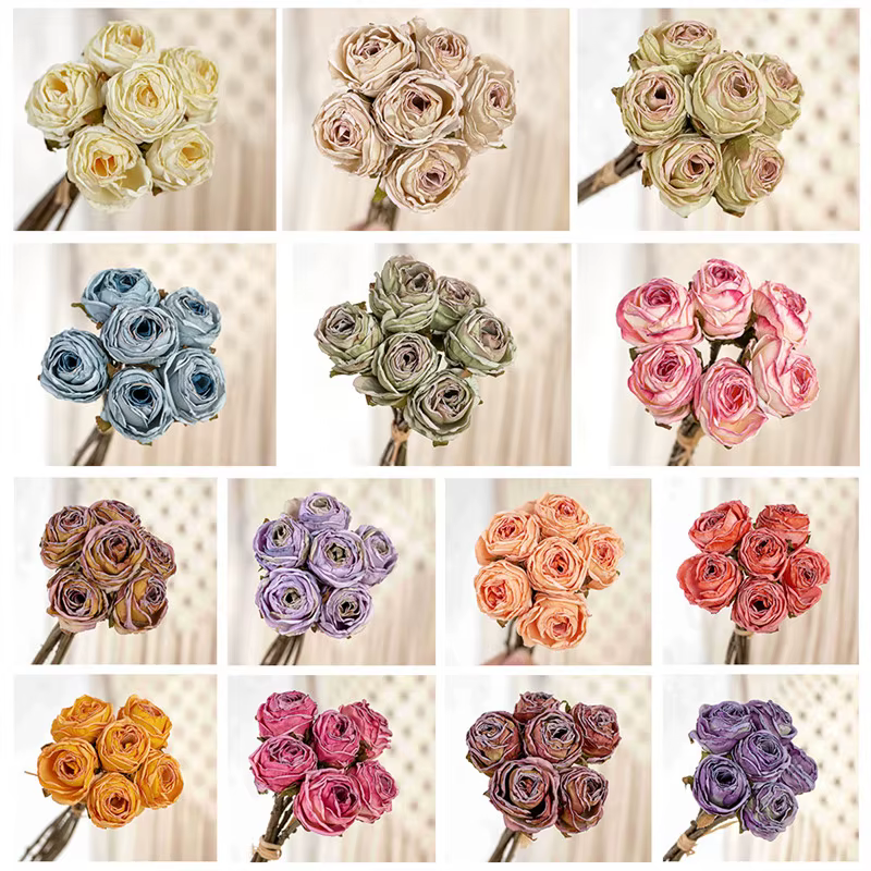 Lot de 6 Branches de Roses Artificielles en Soie à Bordures Brûlées