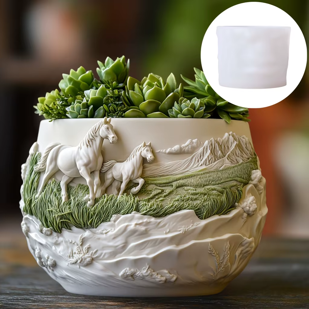 Étalon de course en relief plante succulente pot de fleurs résine silicone moule prairie cheval de guerre boîte de