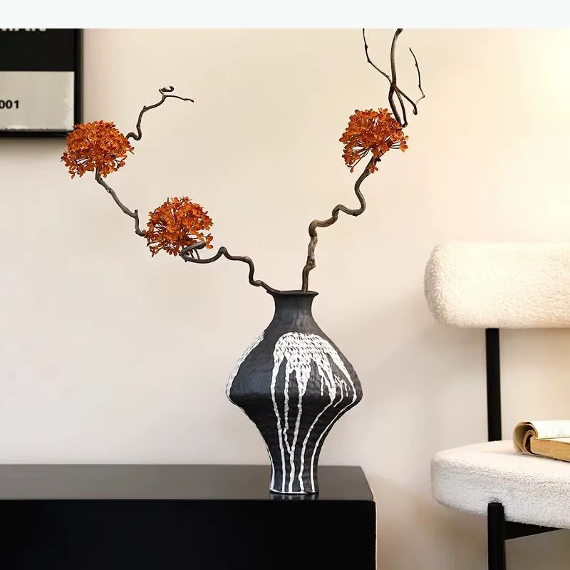 Vase en céramique vintage, fleurs artificielles, pot décoratif, décoration de bureau, œuvre d'art abstraite, vases floraux, décoration esthétique de la pièce