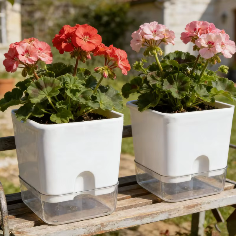 Pot de fleurs auto-arrosant blanc carré à double couche pour plantes d'intérieur et d'extérieur