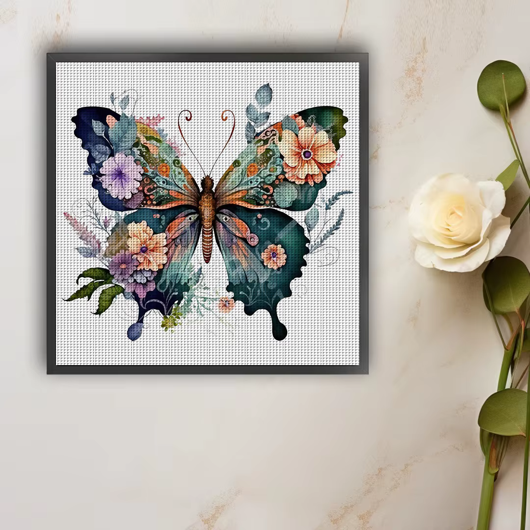 Kit de broderie au point de croix Fleur Papillon DIY 11CT, décoration murale pour la maison, cadeau fait main, matériel sans cadre, semi-fini 36×36cm