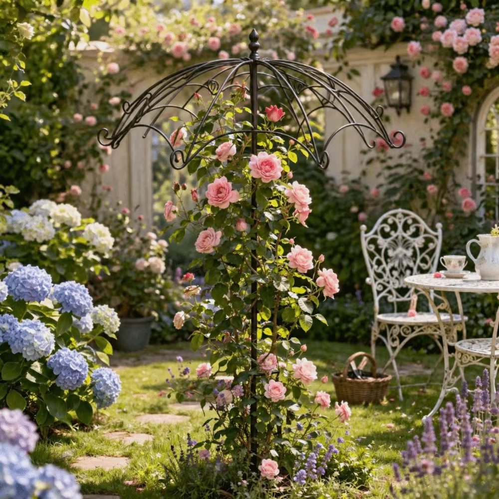 Treillis en forme de parapluie pour arrangement floral, support décoratif ajouré en fer, style rustique, pour plantes grimpantes, jardin de villa