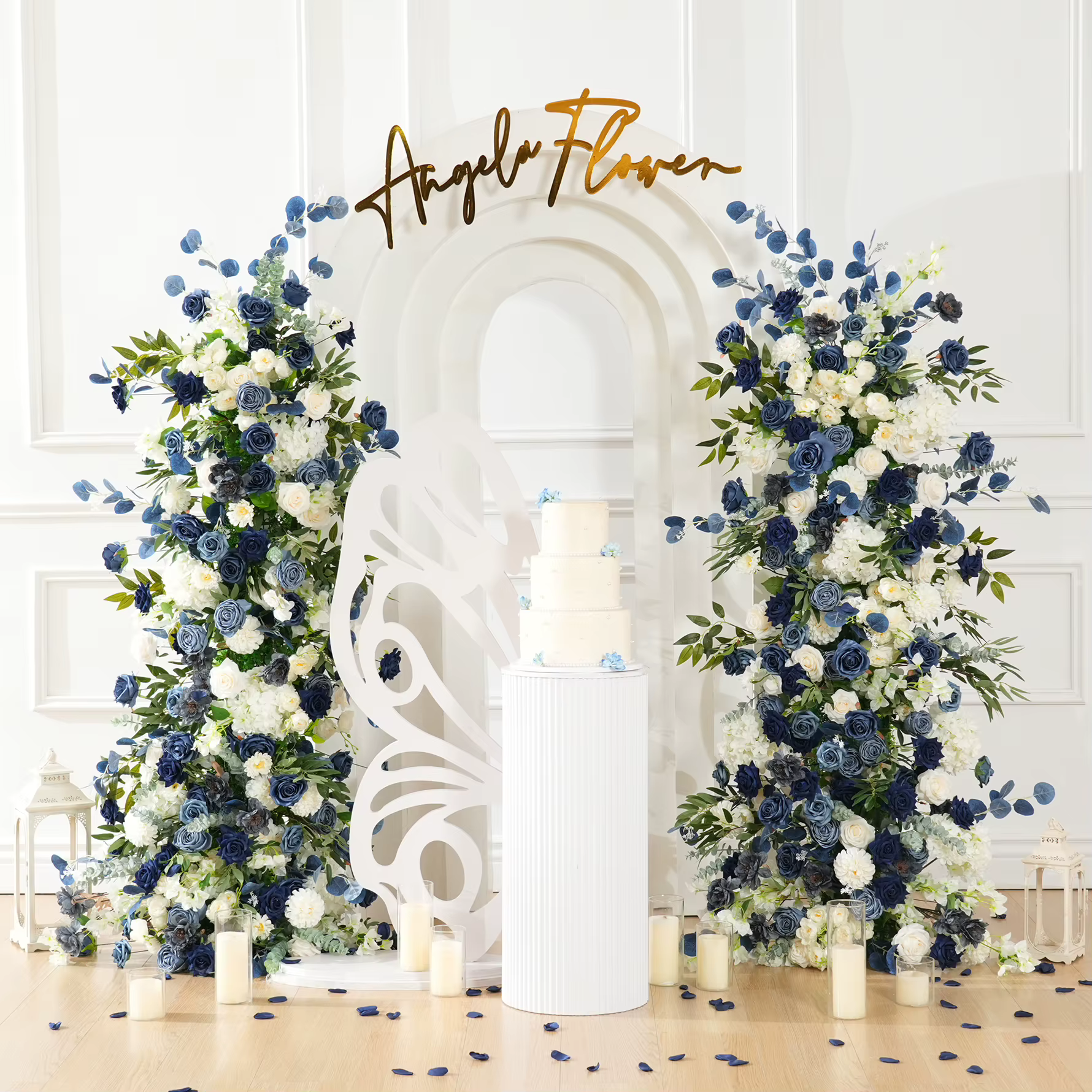 Angela fleur A9032 bleu blanc Rose verdure KT conseil Arrangement Floral mariage toile de fond événement
