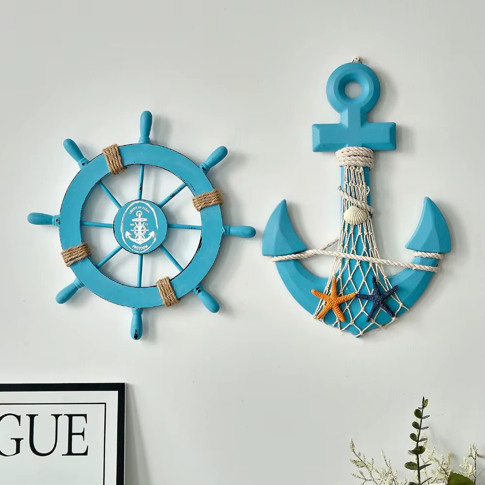 Lot de 2 gouvernails et ancre de bateau en bois nautique avec corde