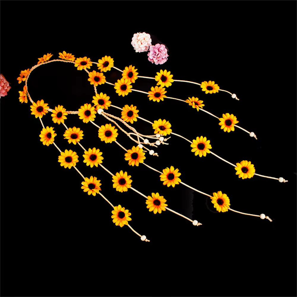 Bandeau de sauna en forme d'hélicoptère avec fleur, couronne florale, accessoires pour cheveux de tournesol d'été, style bohème des années 70, 2 pièces