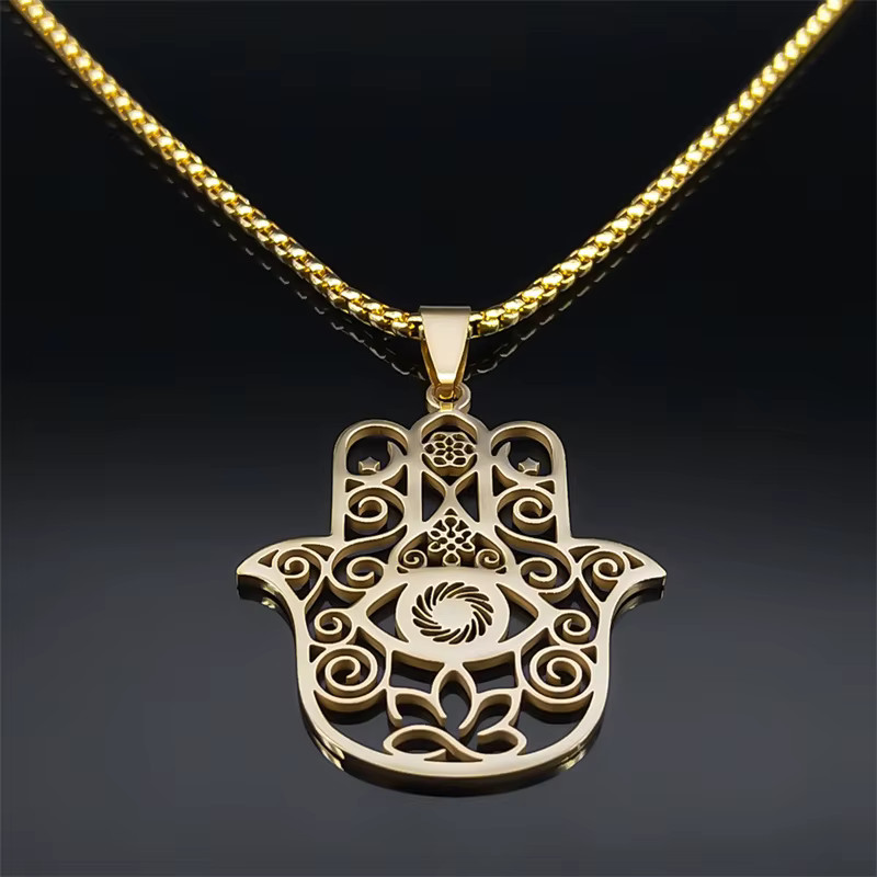 Fleur de vie Fatima Hamsa main pendentif collier pour femmes hommes en acier inoxydable couleur or Om Lotus oeil chaîne bijoux N8083S01