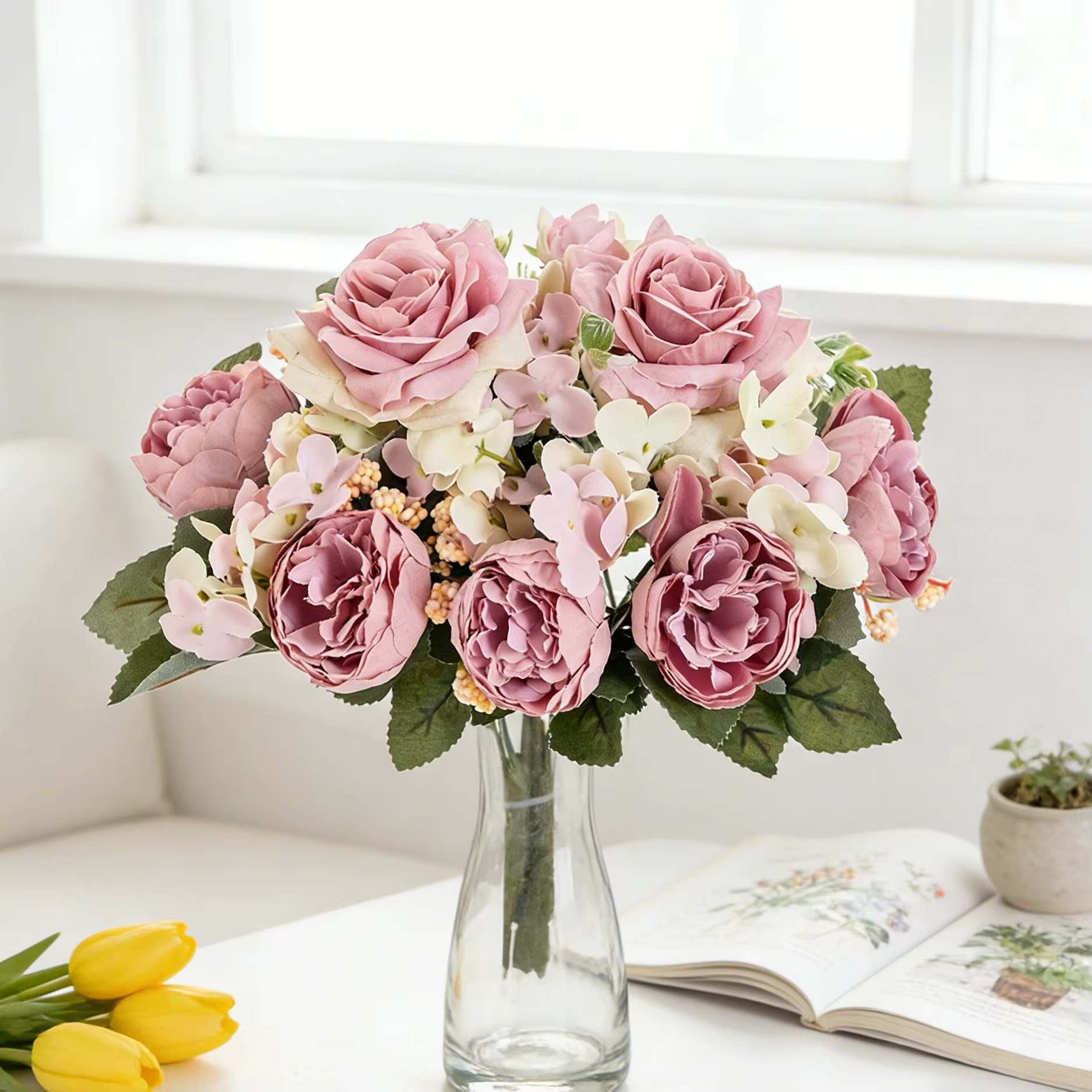 Fleurs Artificielles en Soie Hydrangea Rose pour Mariage Jardin Cour Bouquet de Mariée Décoration de Festival Vase Maison Chambre Table Élégant Cadeaux DIY
