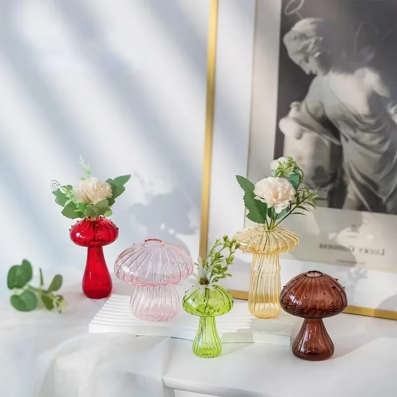 5Pcs Glass Mushroom Flower Vase Cute Colored