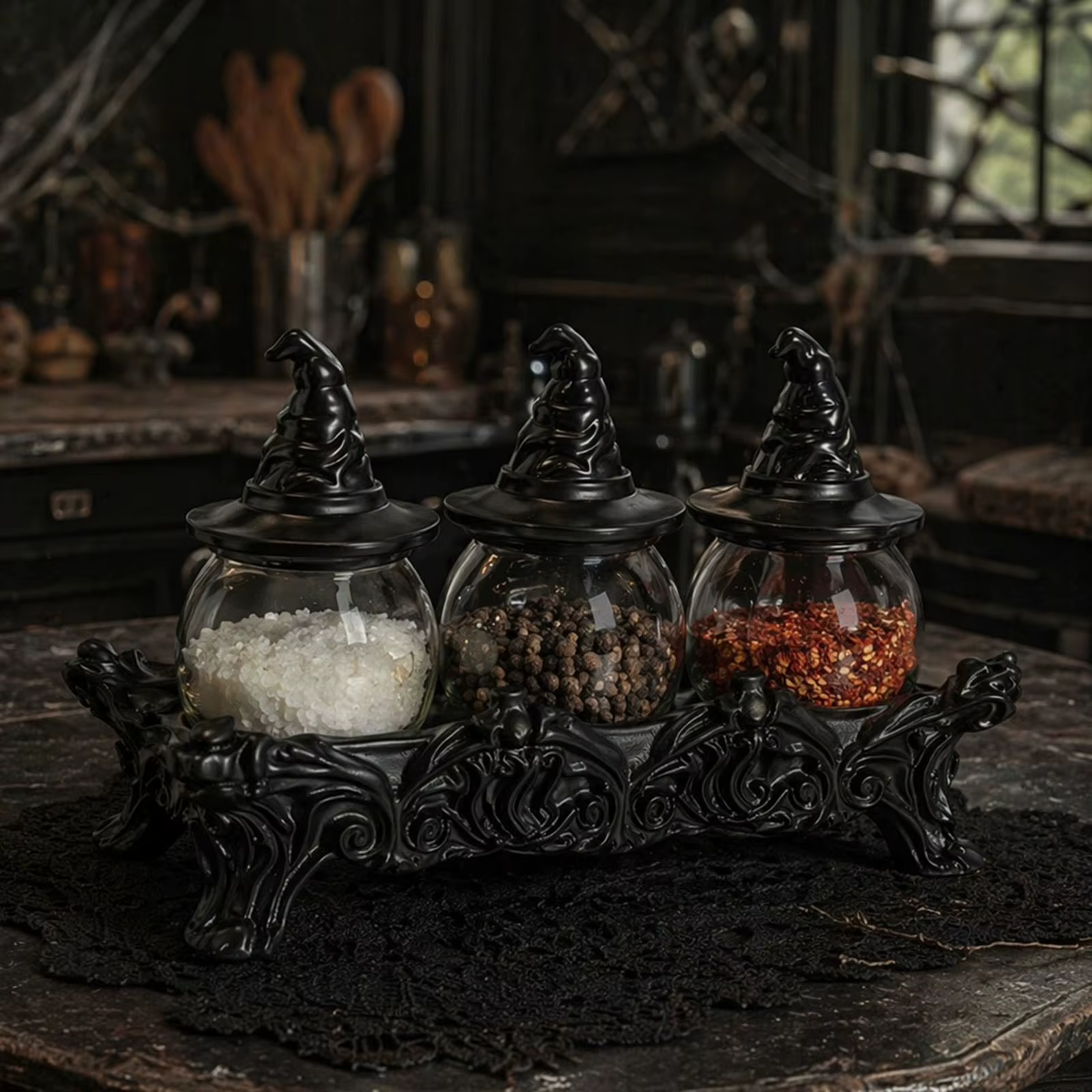 Ensemble de pots à épices d'apothicaire avec couvercles en forme de chapeau de sorcière, décoration de cuisine Witchcore, récipients de stockage alimentaire gothiques pour sel, poivre, thé