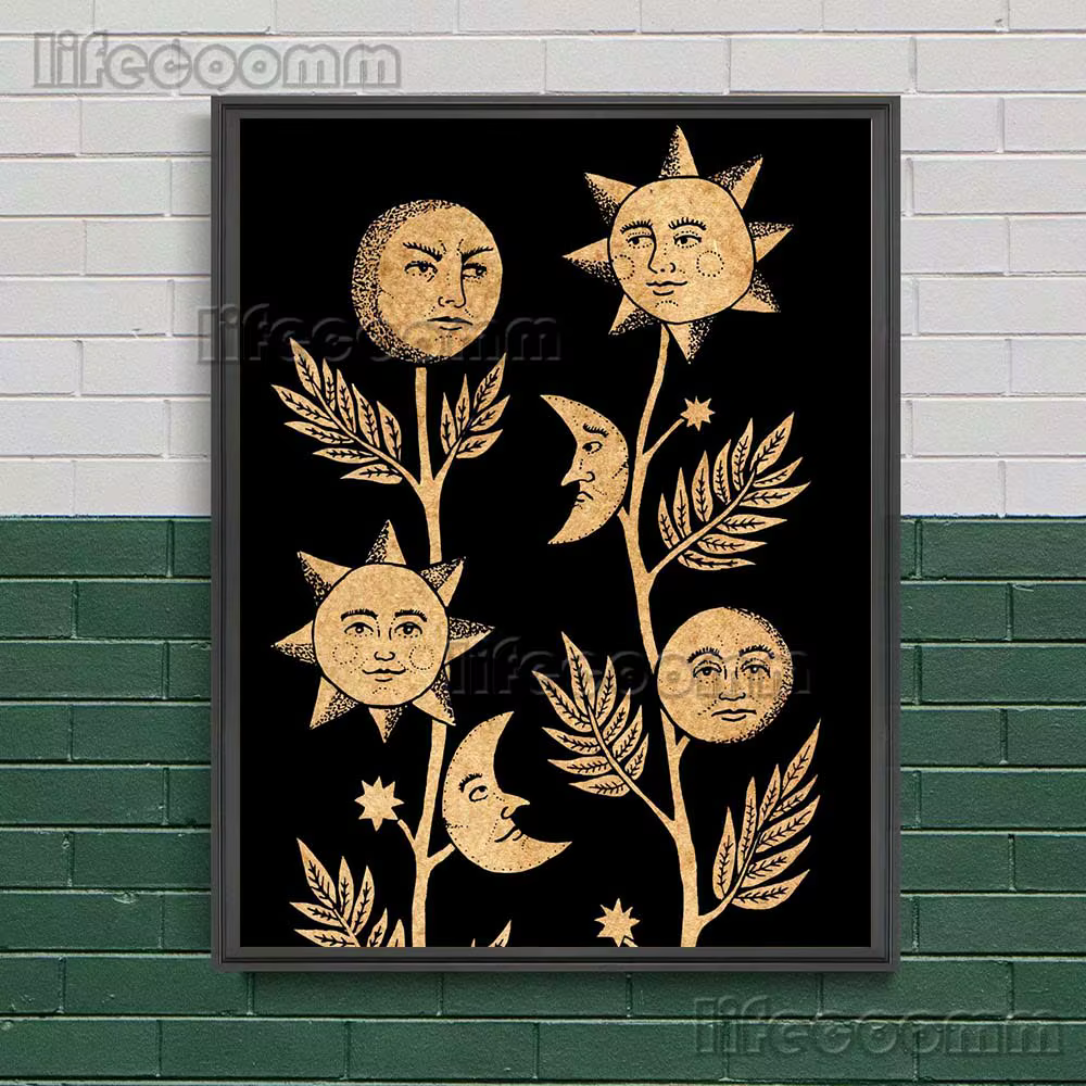 Affiche d'art avec plante pleine de soleil et de lune