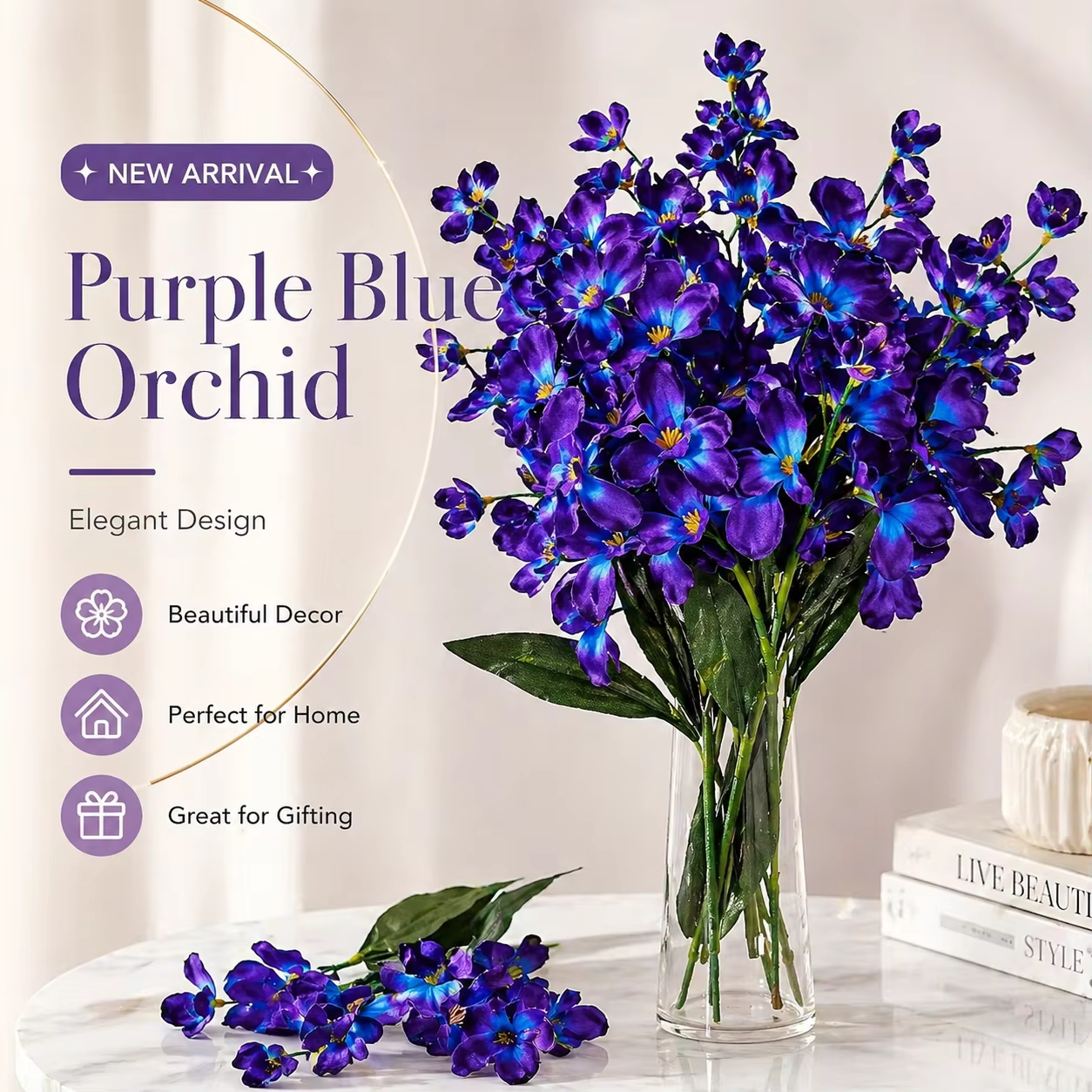 5 pièces de fleurs d'orchidées artificielles violettes et bleues de 27 pouces pour bouquet de mariage