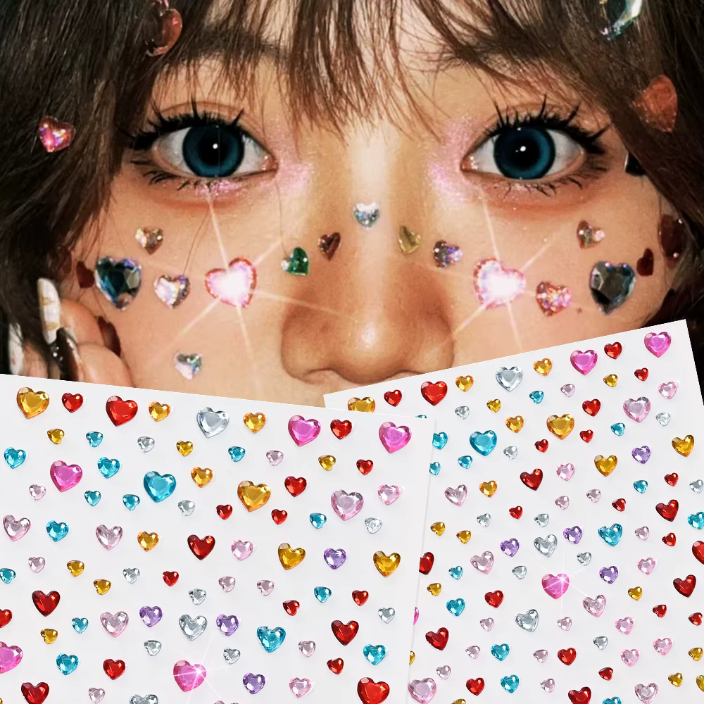 3D coloré amour-coeur visage gemme tatouages autocollants Bling auto-adhésif coeur gemmes tatouage pour Festival fête yeux corps maquillage décor