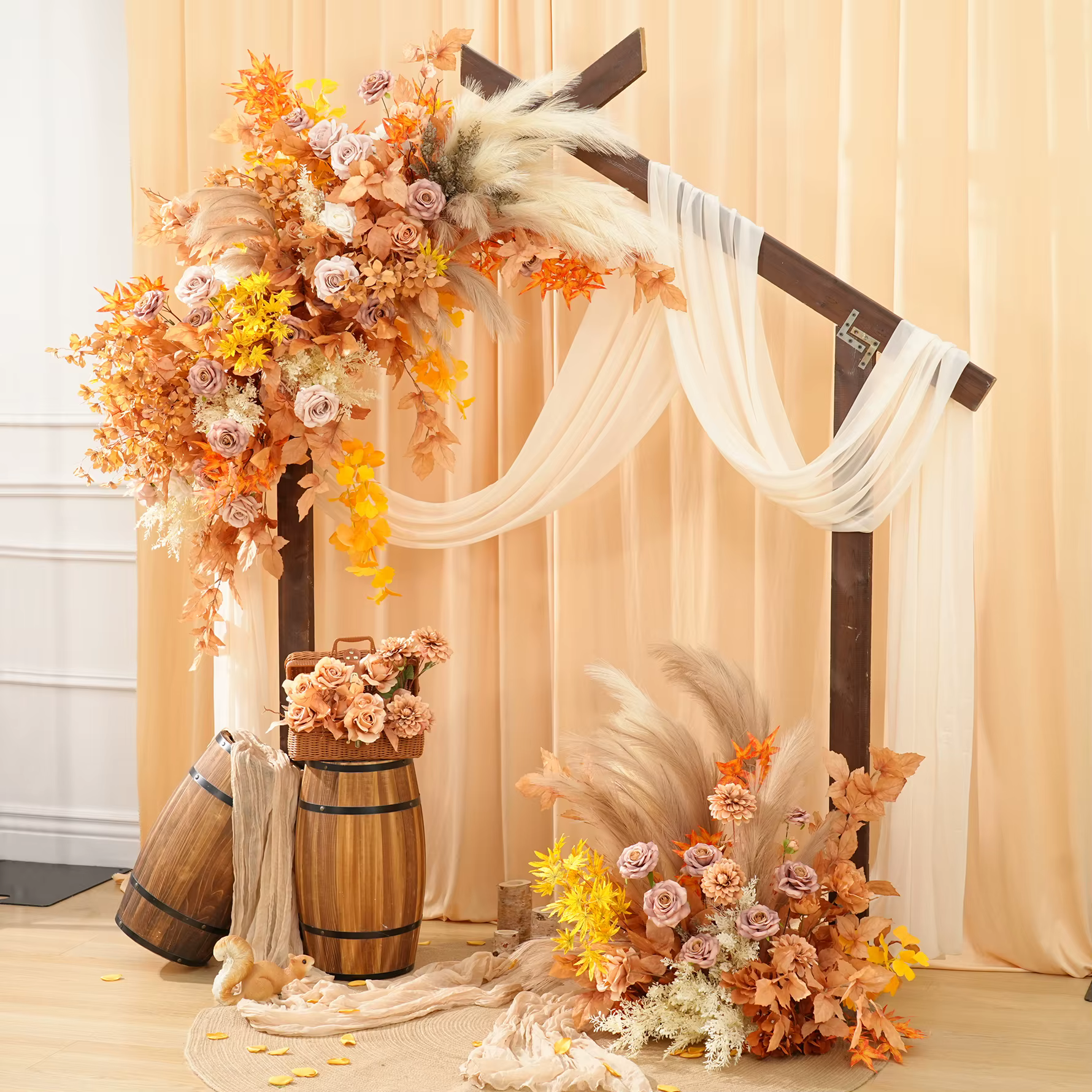 C8985 automne café Rose Pampas herbe feuilles accrocher Arrangement Floral mariage toile de fond décor allée fleur florale Photo fournitures