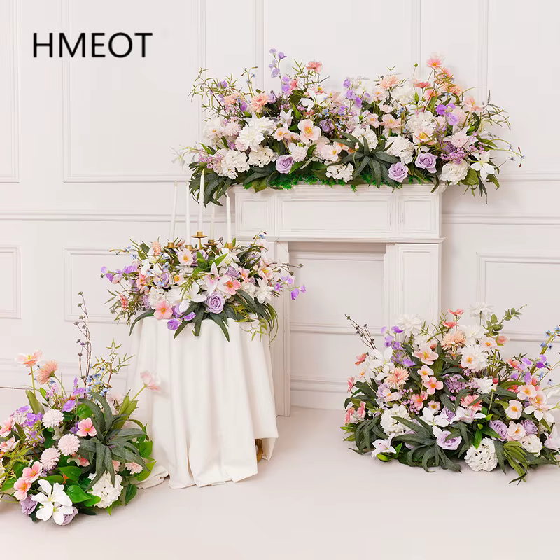 H8742 Lilas rose blanc avec rangée de fleurs vertes plancher de mariage Arrangement Floral maison cheminée décor tenture murale couronne guirlande