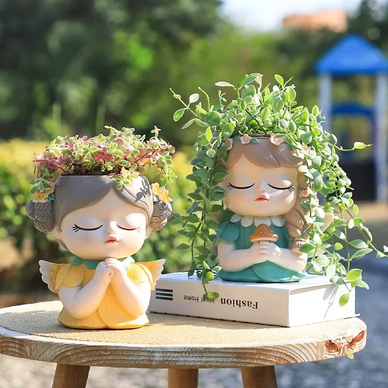 Pot de jardinière de visage de fille d'ange mignon de 7 pouces avec trou de Drainage