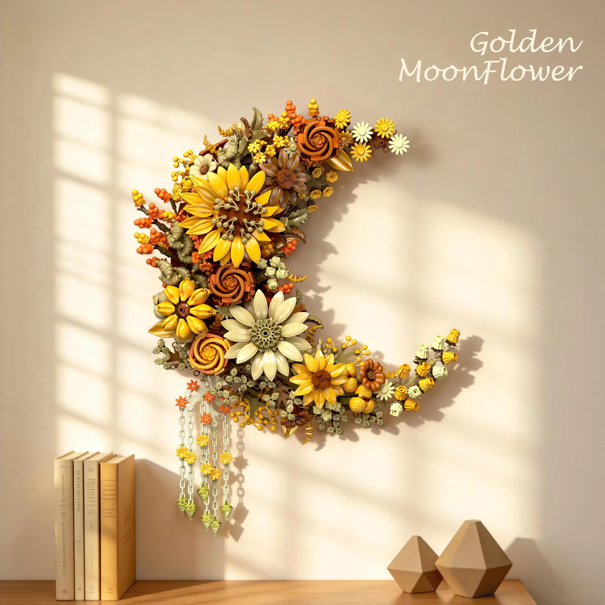 Ensemble de blocs de construction Lune Dorée et Fleurs (939 pièces) – Décoration murale créative