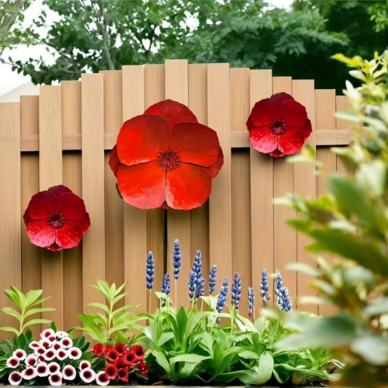 Ensemble de 2 fleurs de pavot géantes en métal rouge