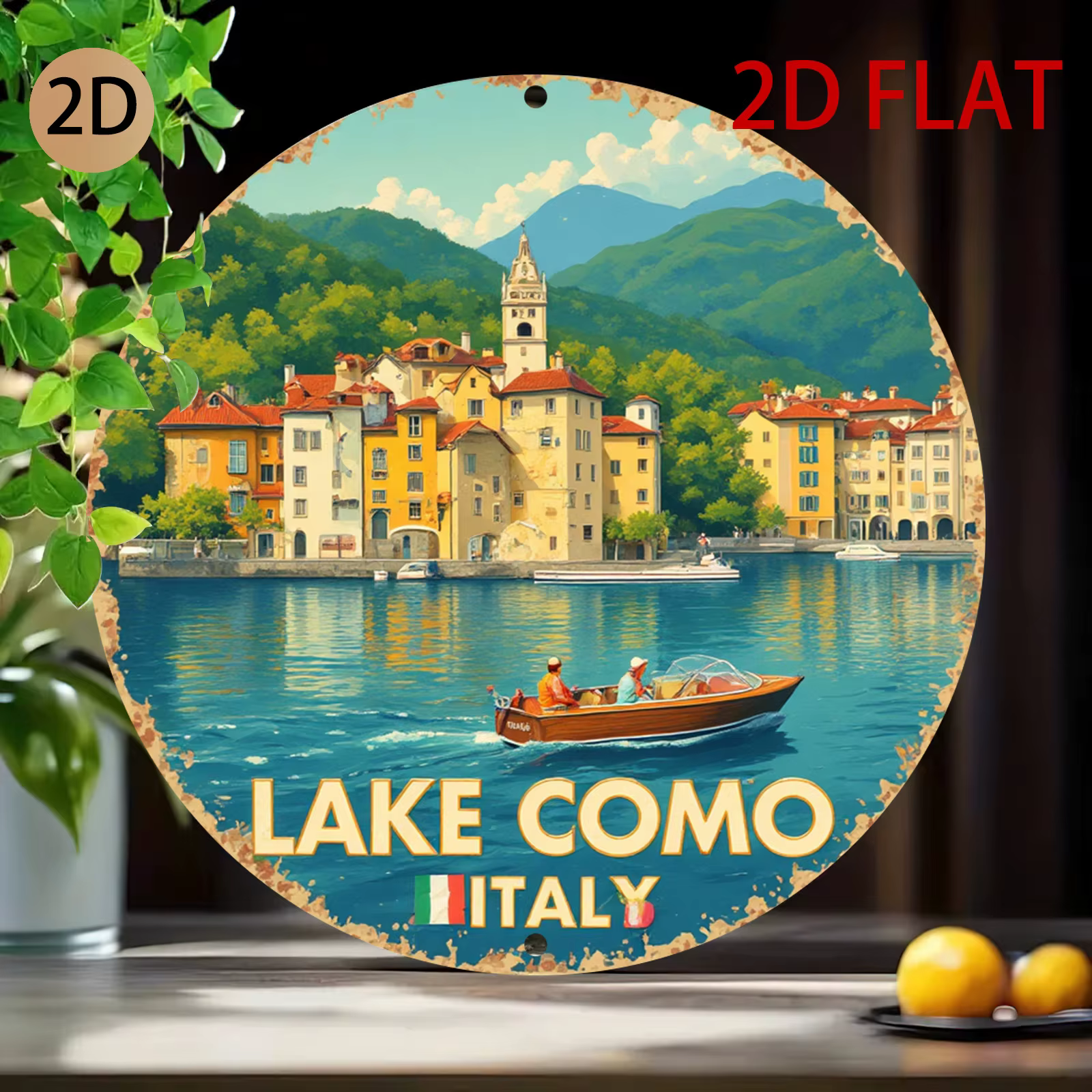 Décoration murale en métal sur le thème du lac de Como en Italie - Plaque en étain rétro