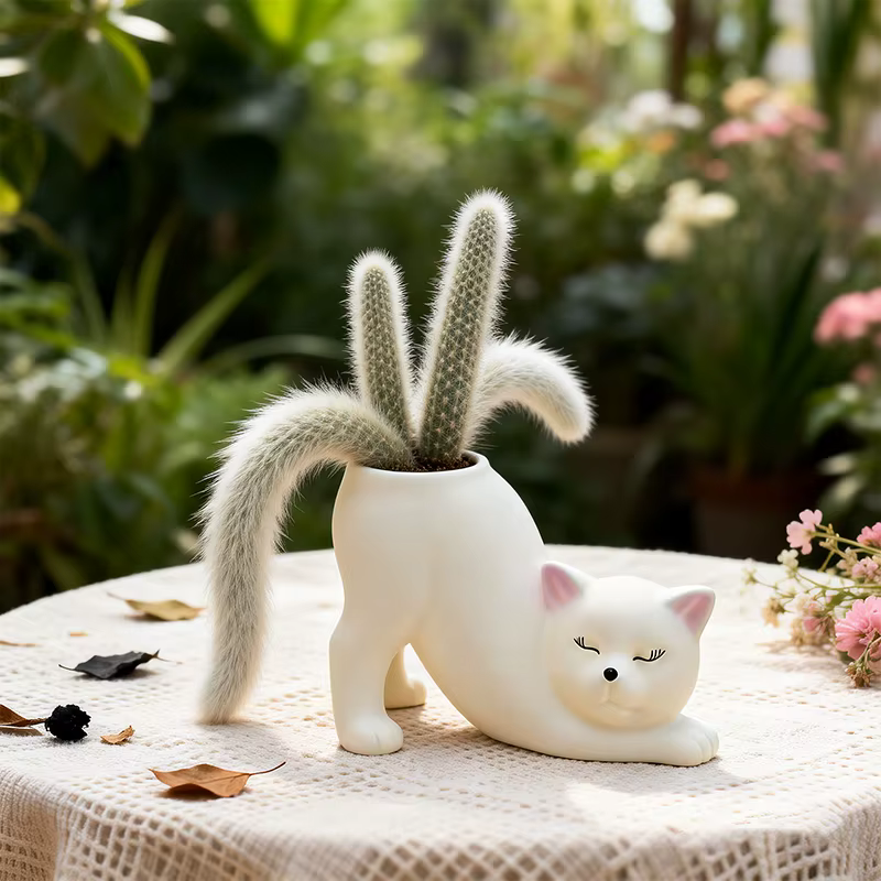 Pot de fleurs fantaisie en résine en forme de chat bouclé