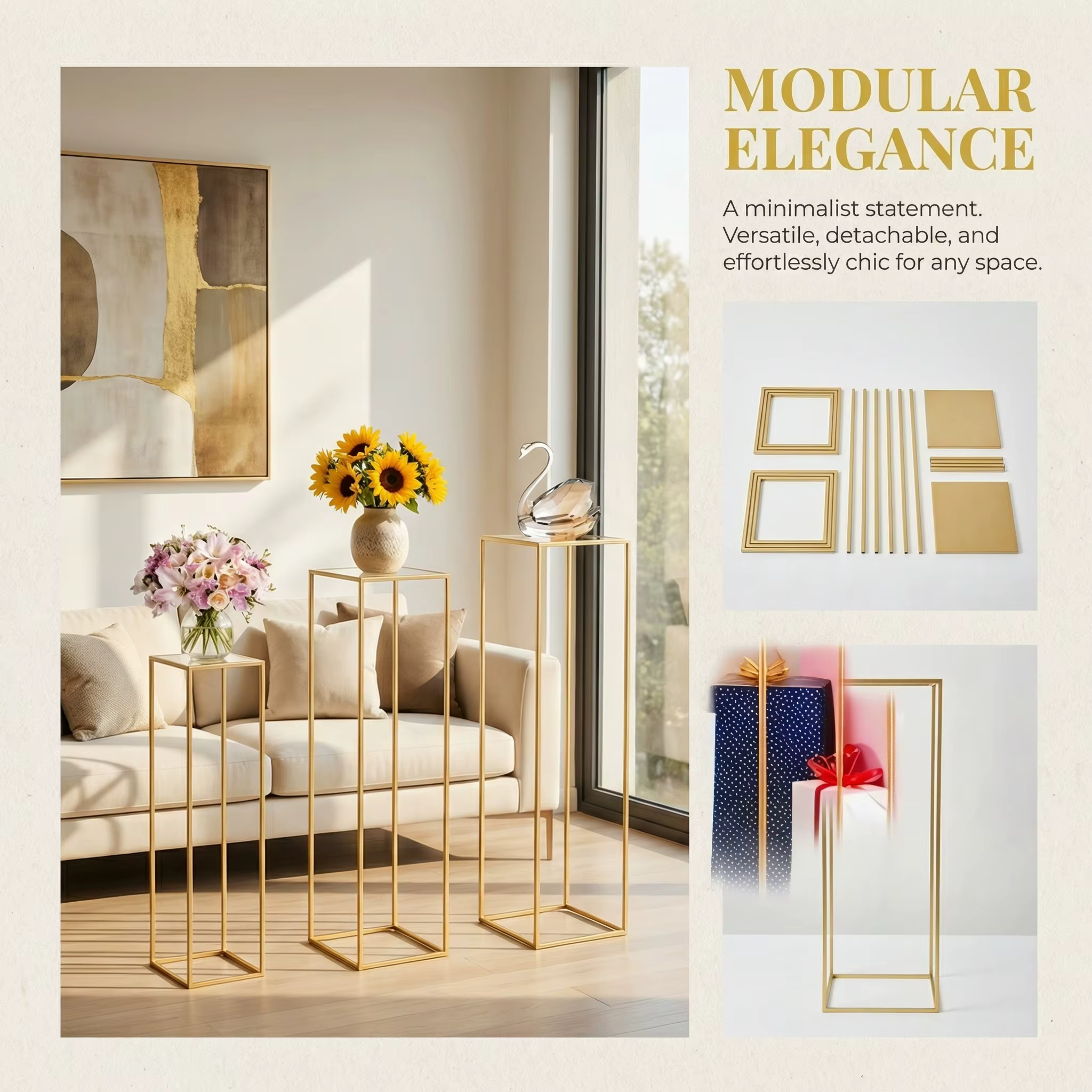1 support à fleurs en métal de différentes hauteurs pour décoration de mariage
