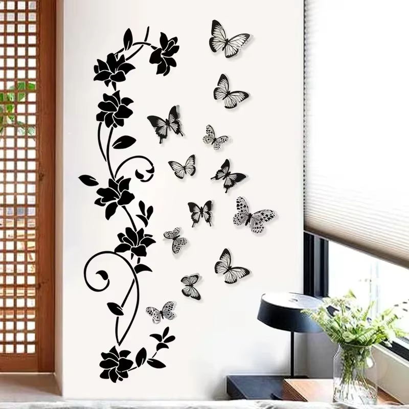 Autocollant mural 3D papillon et fleurs noires