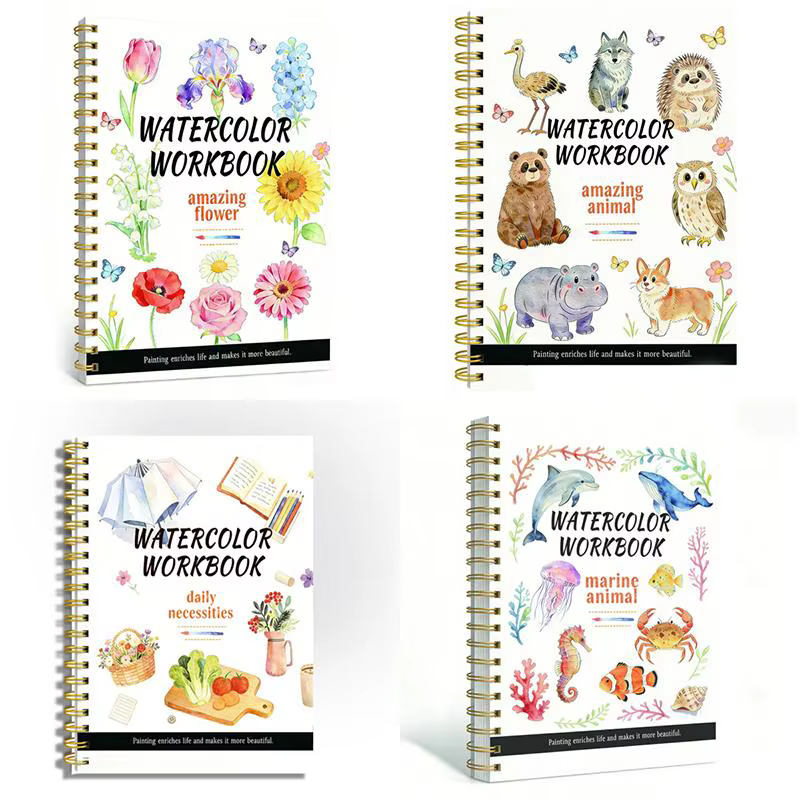 Cahier d'exercices de fleurs à l'aquarelle à spirale, papier épais, guides pratiques pour débutants, pratique artistique quotidienne