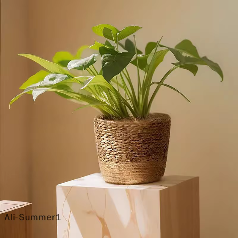 Pot de plantes à fleurs tissées en paille