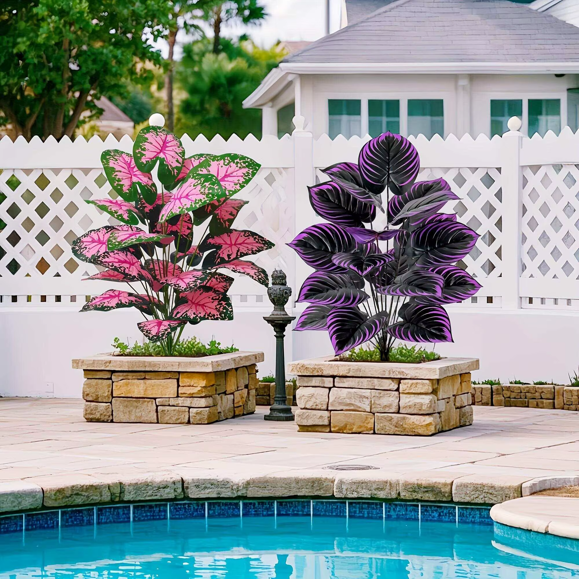 Ensemble de 2 plantes artificielles de Caladium avec feuilles roses violettes