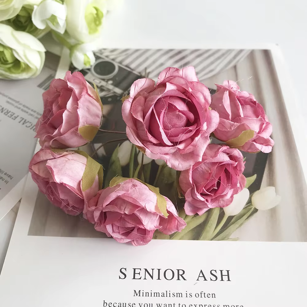 Bouquet de 6 petites roses artificielles rétro en rayonne de style européen pour mariage