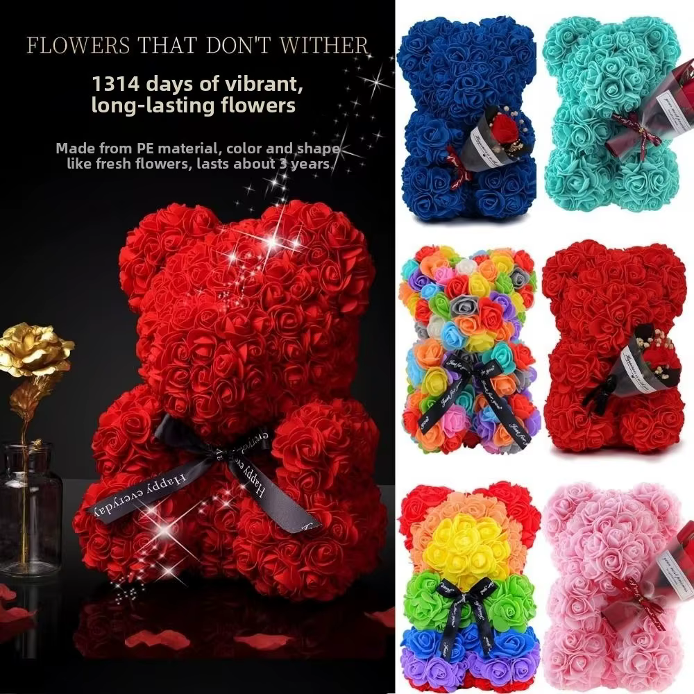 Fleur artificielle multicolores de haute qualité 15*15*22cm/16*16*24cm Rose éternelle arc-en-ciel Ours Cadeau d'anniversaire pour petite amie