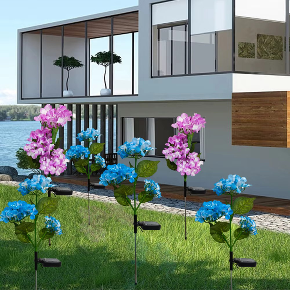 3 têtes d'hortensia Rose fleur lumière LED solaire lampes de pelouse de jardin extérieur