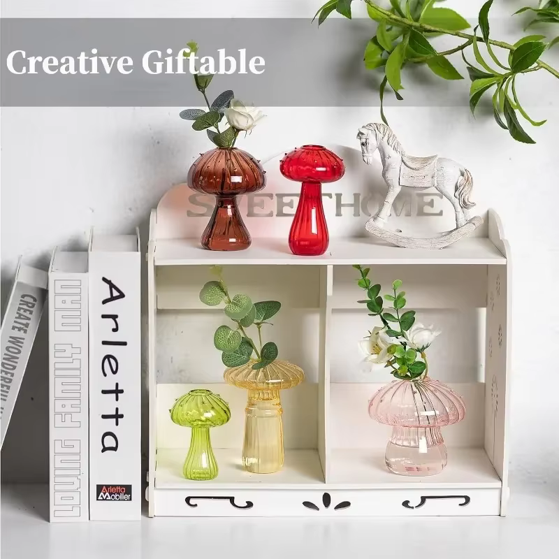 5Pcs Glass Mushroom Flower Vase Cute Colored