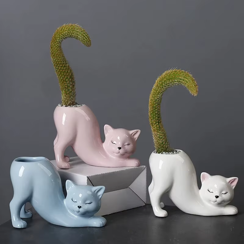 Pot de fleurs en céramique en forme de chat créatif et mignon