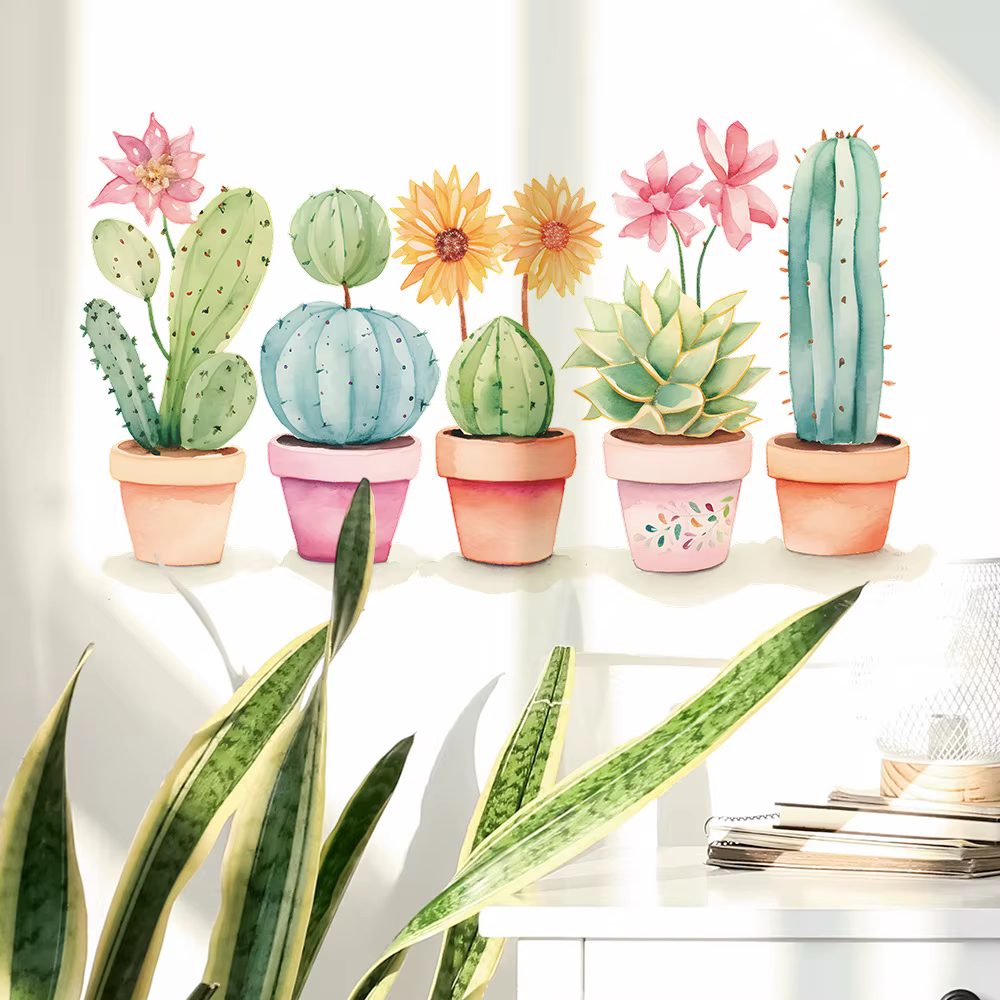 1 pièces dessin animé plante verte Cactus maison chambre salon fond décoration embellir pâte murale auto-adhésive